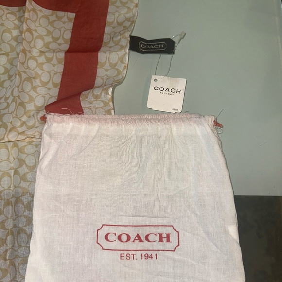 Coach Signature Cotton Scarf ~ Khaki & Red ~ NWT ~ Incl Storage Bag - Picture 3 of 8
